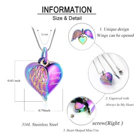 zeqingjw Cremation Heart Urn Necklace Ashes Jewelry for Women Keepsake Memorial Necklace Angel Wing Urn Necklaces for Ashes for Loved Ones, Metal, stainless-steel