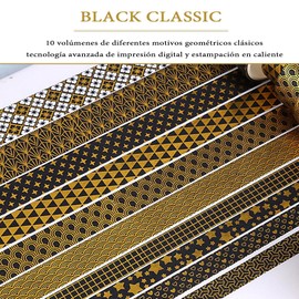 Juego de 10 Rollos de Cinta Washi Adhesiva Decorativa - Lámina Dorada Para Arte, Diarios, Embalaje de Regalo - Anchas y Bonitas (Black Classic)