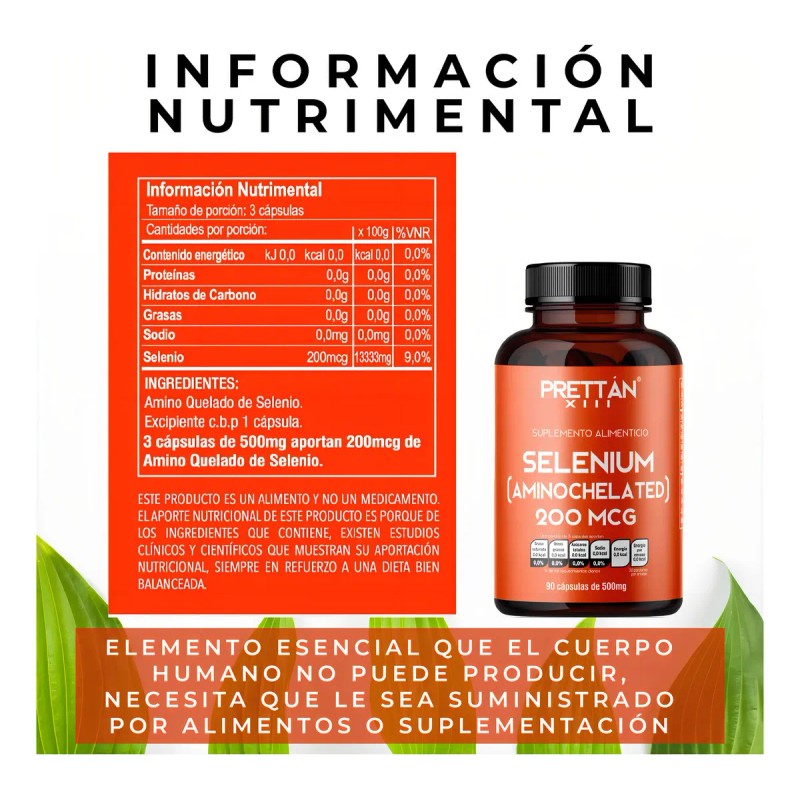 Selenio Aminoquelado Prettan Suplemento Antioxidante 90 Caps Sin Sabor
