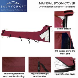 SavvyCraft Waterproof Mainsail Boom Cover, Heavy Duty 600D Sailboat Mainsail Cover UV Protection Weather-Resistant, Boom Length 7'-8' Burgundy