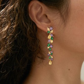 EVER FAITH Cubic Zirconia Crystal Mardi Gras Flower Leaf Marquise Teardrop Long Earrings for Carnival Holiday Party Jewelry for Women Purple Green Yellow Gold-Tone