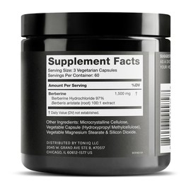 Toniiq Ultra High Strength Berberine HCl from The Himalayas - 100:1 Concentrated Extract - Lab-Tested 97% Berberine HCl - 180 Vegetarian Capsules, 1500 mg per Serving