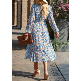 PRETTYGARDEN Women's Floral Boho Dress Fall Long Sleeve Wrap V Neck Ruffle Flowy Maxi Spring Wedding Guest Vacation Dresses (Floral Blue,X-Large)