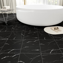 10-Pack Peel and Stick Floor Tiles Vinyl Floor 12 x 12 inch Self Adhesive Waterproof Flooring Planks DIY for Bathroom, Kitchen, Living Room, RV, Cover 10 Sq. Ft, Black Vein Marble
