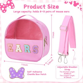 Chenille Letter Bow Mouse Ears Travel Case, Headband Ears Holder Tiara Hair Accessories Organizer Bag with Shoulder Strap for Girls Women Kids Adults, Large Makeup Snack Bag for Travel Picnic Park