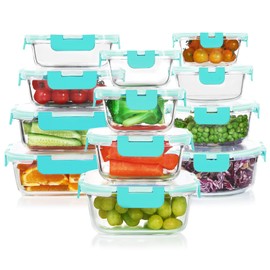 KOMUEE 24 Pieces Glass Food Storage Containers Set,Glass Meal Prep Containers-Stackable Airtight Glass Storage Containers with lids,Freezer, Microwave, Oven Safe,Green