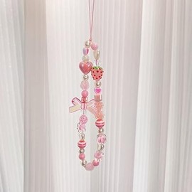 Phone Charms Strap,Pink Cute, Aesthetic Love Phone Chain Girl, Pearl Beaded Phone Lanyard Jewelry (strawberry)