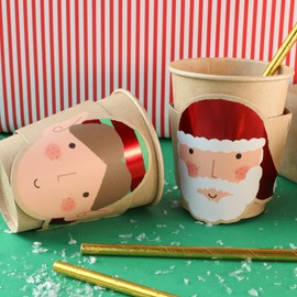 Christmas Cups - Pack of 10 with Santa Claus and Elf Paper Kraft Eco Cup Xmas Set with Attachable Details - Do It Yourself Christmas Party Tableware Decoration