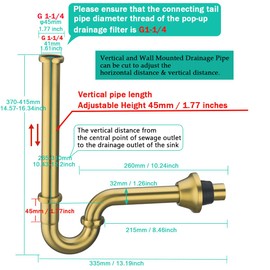 SEABEFORE Brass P Trap U-Shape 1 1/4 inch Sink Drain Pipe with Slip Joint Extension Tub,12 inch Vertical Pipe length Adjustable Height Sink Waste Trap Drain Kit Champagne Bronze,SE83555CB-L ﻿
