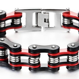Stainless Steel Biker Bracelet for Men, Masculine Motorcycle Chain Style, Silver Black Red Bike Link High Polished