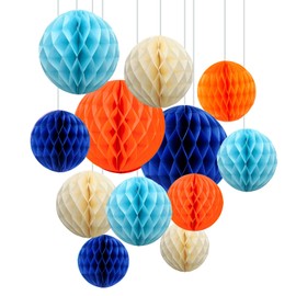 ZYOOO Pack of 12 Tissue Paper Honeycomb Balls, 15/25 cm Hanging Paper Honeycomb Balls for Birthday Party, Boys' Birthday, Graduation Decoration (Blue, Orange)