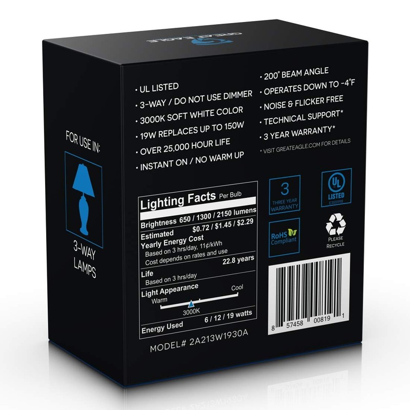 Great Eagle 50/100/150W Equivalent 3-Way A21 LED Light Bulb 3000K