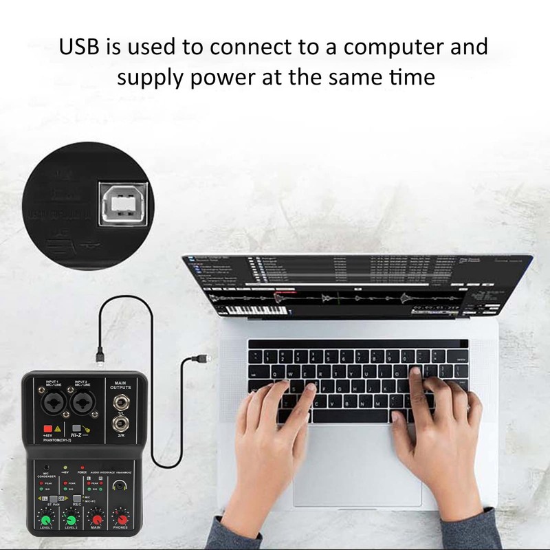 2 ChannelsMixer, Sound Card USB 48V Phantom Power Compact Sound