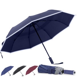 Cilnos Umbrella Windproof Strong, Folding Travel and Compact Umbrella with Double-Vented Canopy, Reflective Stripes, Automatic Open/Close for Men and Women (Blue)