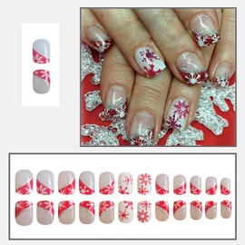 LBPEPAMZ Christmas Press on Nails Short Square Fake Nails with silver Glitter Design Red Bling French Tips False Nails White Snowflake Full Cover Glossy Nails Stick on Nails for Women Xmas Decor 24Pcs