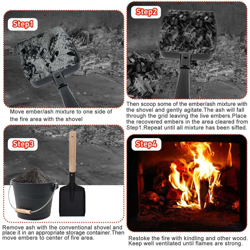 Long Handle Fireplace Ash Sifter, Hollow Out Metal Coal Shovel