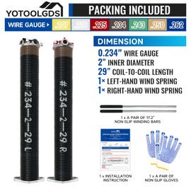 Pair of 2" Garage Door Torsion Springs Set with Non-Slip Winding Bars & Gloves, High Quality Precision Electrophoresis Oil-Free Black Coated for Replacement, Minimum 16,000 Cycles (0.234 x 2" x 29'')