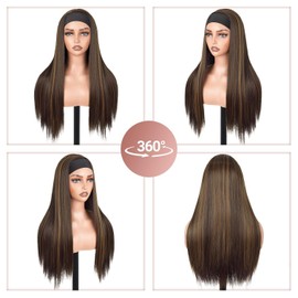 Emistar Yaki Straight Headband Wigs for Black Women, Wear And Go Glueless Half Wig Synthetic Soft Highlight Light Kinky Staight wth Headband Attached 4P27 Mix Brown Wig 20 Inch