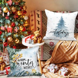 Lanpn Winter 16x16 Christmas Throw Pillow Covers Set of 4, Decorative Snow Holiday Pillow Case Cushion Cover 16 x 16 for Indoor Home Bedroom Sofa Couch Xmas Decor