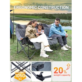 Timber Ridge Padded 3 Person Camping Chair Supports to 1050lbs, Portable Camp Couch Double Camping Chairs, Outdoor Oversized Folding Loveseat Perfect for Campsites, Patio/Lawn, Soccer Games, Grey