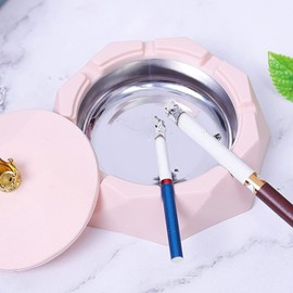Stainless Steel Ashtray with Lid, Windproof Indoor/Outdoor Ash Holder for Home and Office, Pink Modern Desktop Tray for Smokers