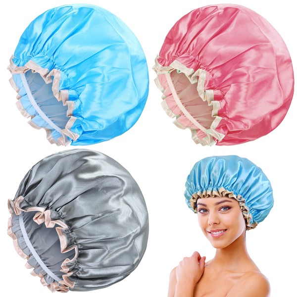 GmwyCzV Pack of 3 Shower Caps, Double-Layer Waterproof Shower Caps,