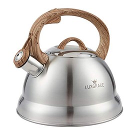 Creative Home 2.3 Qt. Stainless Steel Whistling Tea Kettle Teapot with Ergonomic Wood Rubber Touching Handle, Satin Finish