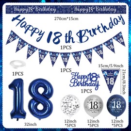 18th Birthday Decorations Boys, Blue and Silver Happy 18th Birthday Banner, Navy Blue and Sliver 18th Birthday Balloons, Confetti Balloons 18th Party Decorations for Boy, 18th Birthday Party Supplies