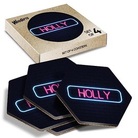 4 x Hexagon Coasters - Neon Sign Design Holly Name Cork Backed MDF Glossy Tea Coffee Accessory #353035