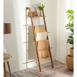 ZUNTO Blanket Ladder with Top Shelf for The Living Room - 67in Decorative Wooden Blanket Holder, 5 Tier with Side Hooks for Hanging - Rustic Farmhouse Towel Throw Ladder Rack for Organize and Display