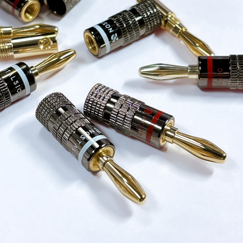 NOSTALSIC Banana Plugs Red + White Set Solderless 24k Gold-Plated