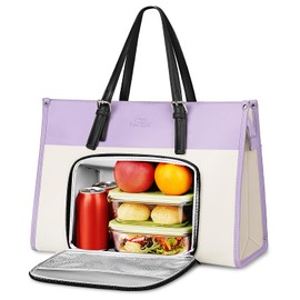 MATEIN Work Tote with Lunch Compartment, PU Leather 15.6 Inch Laptop Lunch Bags, Lightweight Lunch Purse Women with Laptop Compartment for Travel, Picnic, Ladies Gift, Light Purple