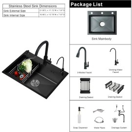 mvmhome Black Kitchen Sink Single Bowl Stainless Steel Sink with Pull out Kitchen Faucet