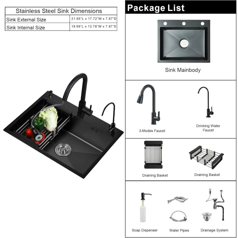 mvmhome Black Kitchen Sink Single Bowl Stainless Steel Sink with
