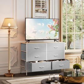 WLIVE 6 Drawer Dresser for Bedroom, Wide Fabric Dresser TV Stand for 50 Inches TV with Metal Frame, Wooden Top, Chest of Drawers, Storage Organizer for Living Room, Hallway, Light Grey