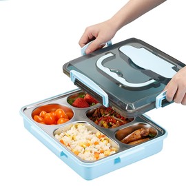 AIYoo 304 Stainless Steel Bento Lunch Boxes for Adults, 5 Sections Rectangular Divided Plates Tray Blue Reusable dinner Plate with Lid and Buckled leak-proof Portion Control Food Containers