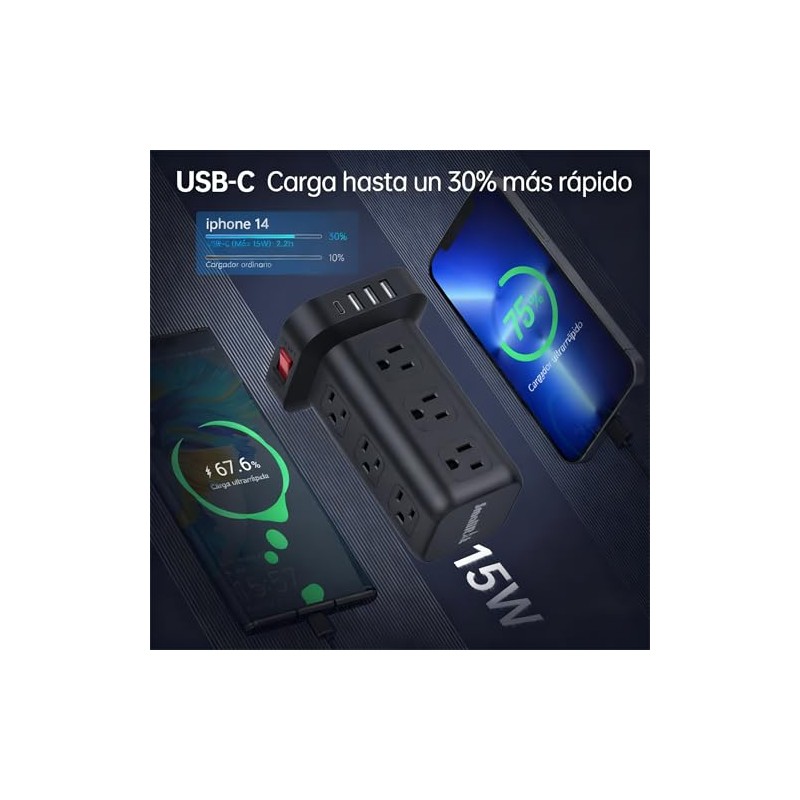 SMALLRT Regleta Torre Multicontacto, Extension Electrica USB C, Conector Multiple