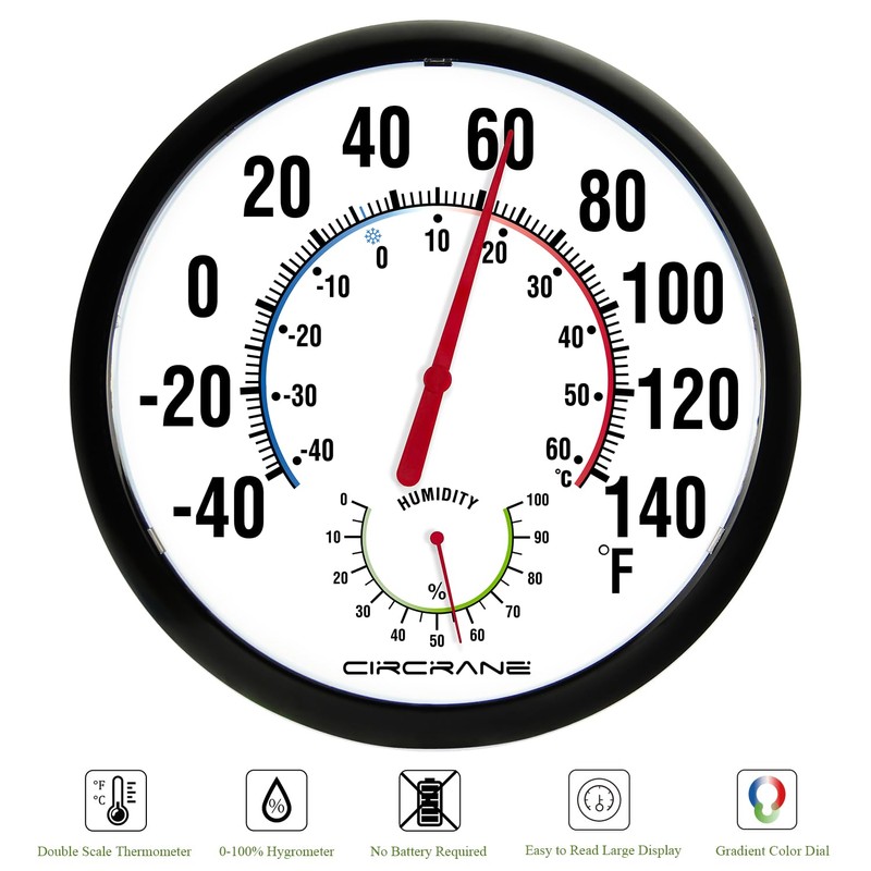 Circrane 13.25 Inch Round Thermometer with Hygrometer, Large Indoor Wall