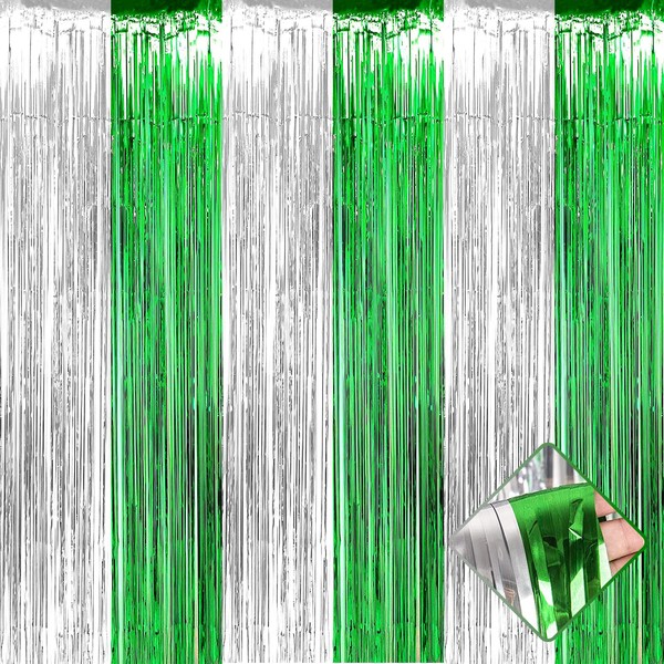 4 Pack 3.2Ft x 6.6Ft Silver Green Foil Fringe Curtain