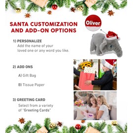 DolliBu Santa Elephant Stuffed Animal Plush Toy - Eco-Friendly Wild Animal Dress Up with Red Santa Claus Hat, Cute Wildlife Gift, Perfect Holiday with Name Personalization - 14 Inches