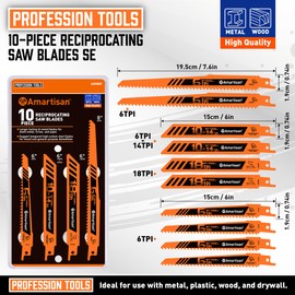 AMARTISAN 10-Piece Bi-Metal Reciprocating Saw Blade Set 6 to 8 Inch Used for Wood & Metal Cutting, Drywall, Plastic and Composite Materials