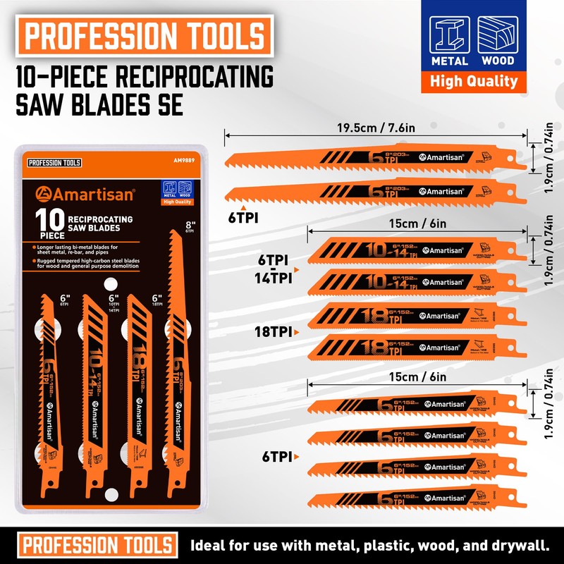 AMARTISAN 10-Piece Bi-Metal Reciprocating Saw Blade Set 6 to 8