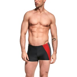 Aquarti Men's Short Swimming Trunks with Side Stripes, Black / Graphite / Red