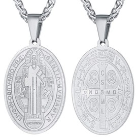 FaithHeart Saint Benedict Amulet Pendant Necklace Christian Patron Saint Protection Medal Round Coin for Men Sacred Charm with Stainless Steel Chain Religious Jewellery Stainless Steel, Stainless