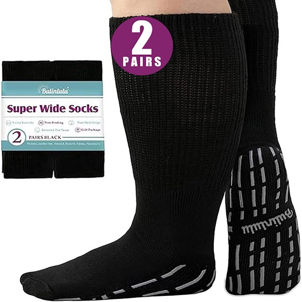 Bulinlulu Extra Width Socks for Swollen Feet-2 Pairs Extra Width Diabetic Wide Socks for Men,Non Slip Diabetic Hospital Edema Socks Women,Cast Lymphedema Socks-2 Black