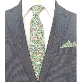 ZENXUS Men's Casual Skinny Floral Tie Combo Set with Flower Pocket Square 2 Inch Cotton Necktie Hand Made, Jade Green