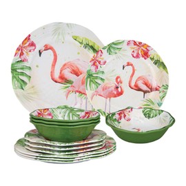 UPware 12 Piece Flamingo Melamine Dinnerware Sets, Outdoor Dishes Set, Plates and Bowls Sets, Service for 4, Multicolor