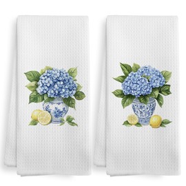 XNXLDYLH Vintage Chinoiserie Hydrangea Lemon Decor Kitchen Towels and Dishcloths Sets of 2, Grand Millenial Blue and White Hydrangea Floral Decor Dish Hand Tea Towels for Bathroom Kitchen, 16x24 Inch
