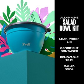 S'well Stainless Steel Salad Bowl Kit 64oz, Peacock Blue, Comes with 2oz Mini Canister and Removable Tray for Organization, Leakproof, Easy to Clean, Dishwasher Safe
