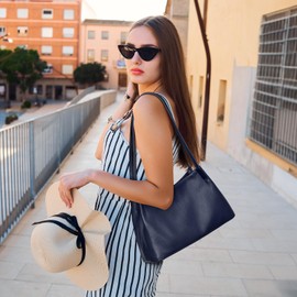 Kattee Leather Purses and Handbags for Women, Soft Genuine Leather Shoulder Hobo Bags with Top Magnetic Snap Closure (Dark Blue)